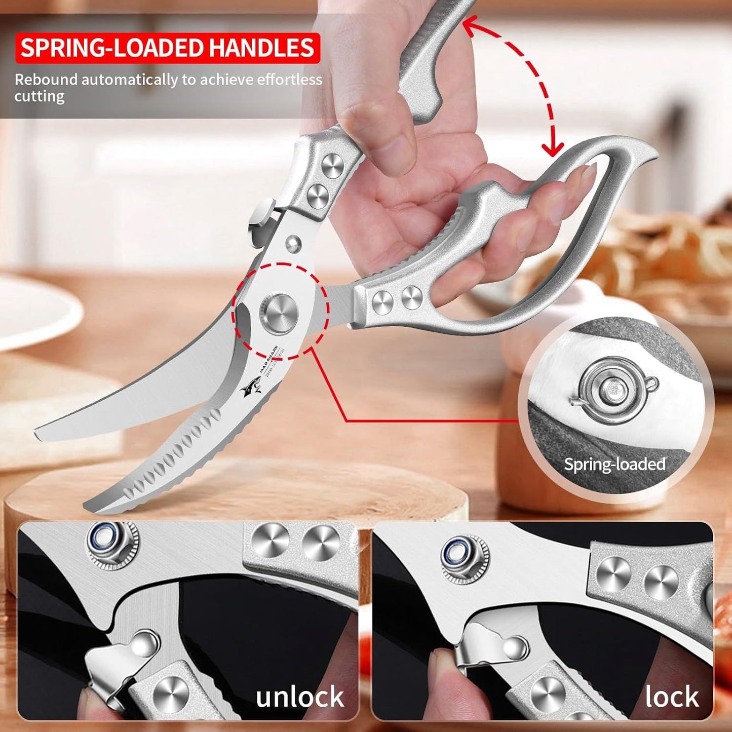 Heavy Duty Kitchen Shears, Poultry Scissors for Cutting Chicken Bones, German Stainless Steel, All-Metal Design, Spring-Loaded, Dishwasher Safe (Silver)
