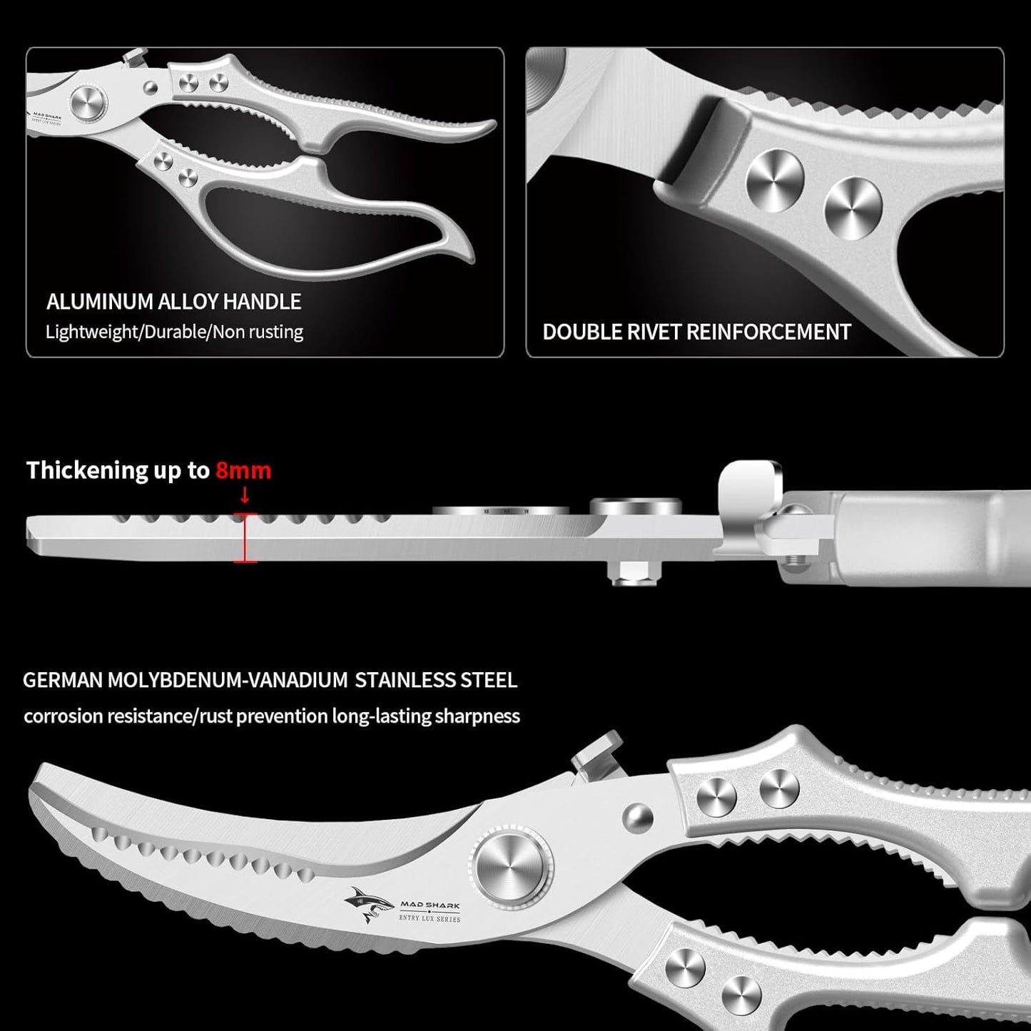 Heavy Duty Kitchen Shears, Poultry Scissors for Cutting Chicken Bones, German Stainless Steel, All-Metal Design, Spring-Loaded, Dishwasher Safe (Silver)