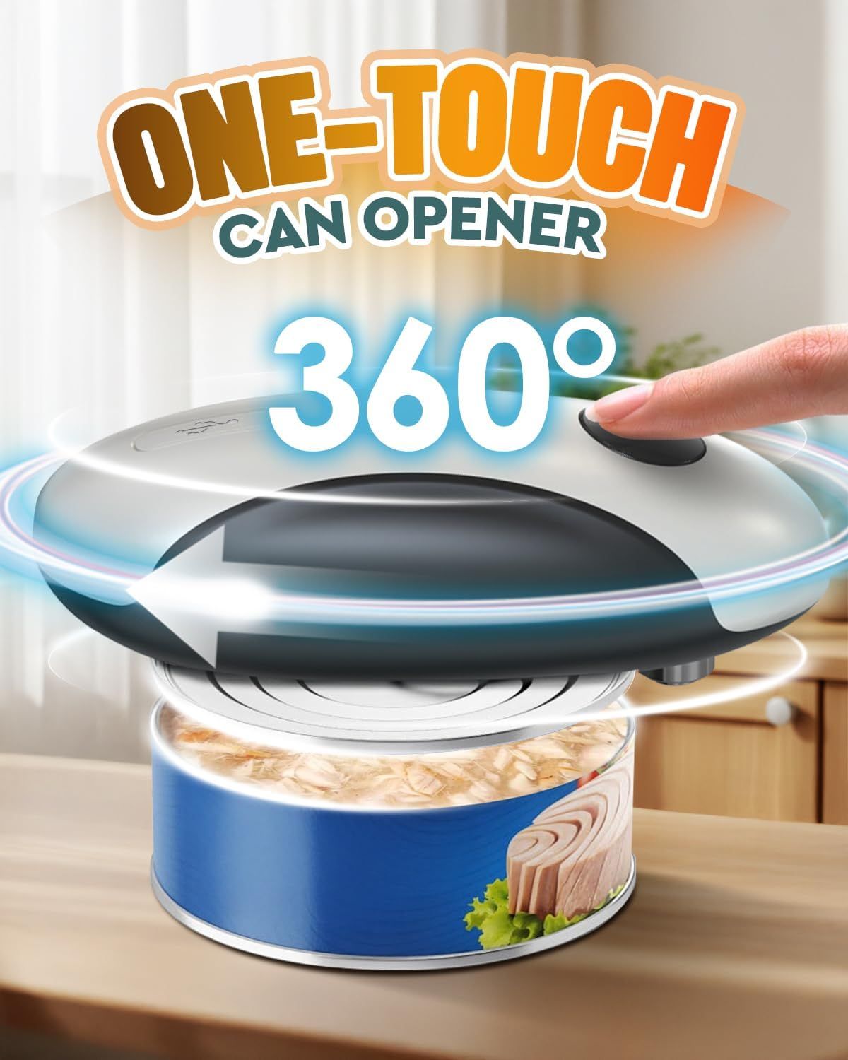 One-Touch Electric Can Opener with Smooth Edge & Magnetic Lid, USB Rechargeable for Seniors & Arthritis (Black-White)