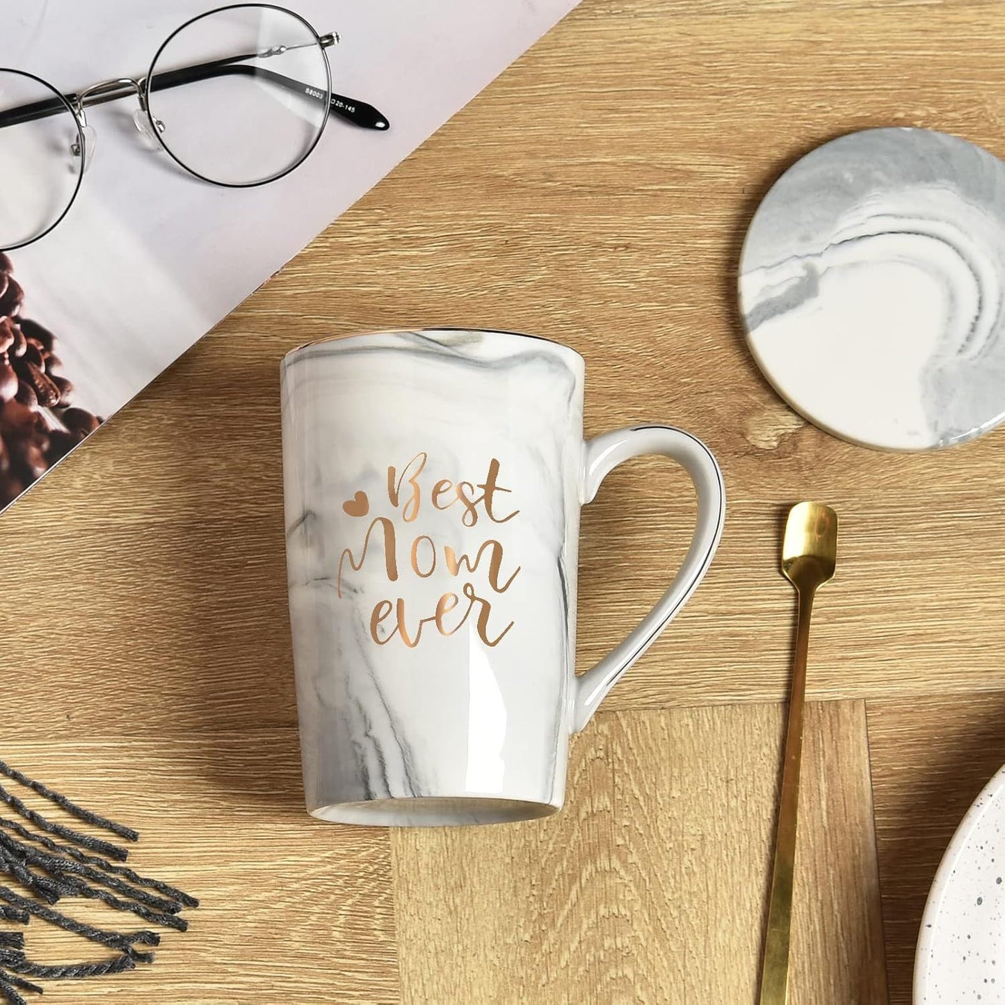 Best Mom Ever Coffee Mug Gift Set with Lid, Spoon & Coaster, 14oz Pink Marble Ceramic Cup for Mother's Day, Birthday, Christmas, Valentine's Day (White)