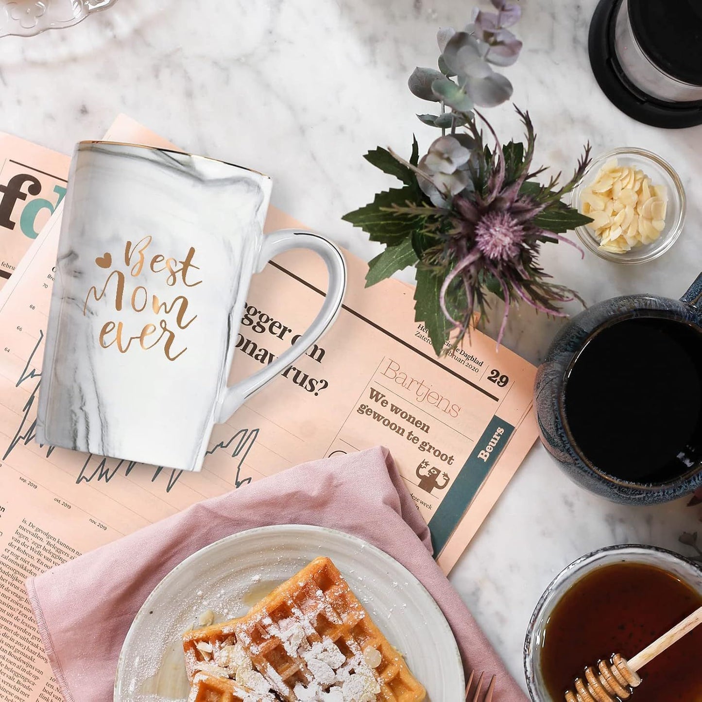 Best Mom Ever Coffee Mug Gift Set with Lid, Spoon & Coaster, 14oz Pink Marble Ceramic Cup for Mother's Day, Birthday, Christmas, Valentine's Day (White)