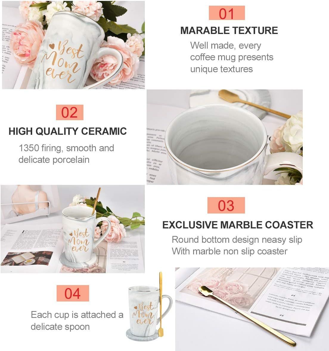 Best Mom Ever Coffee Mug Gift Set with Lid, Spoon & Coaster, 14oz Pink Marble Ceramic Cup for Mother's Day, Birthday, Christmas, Valentine's Day (White)