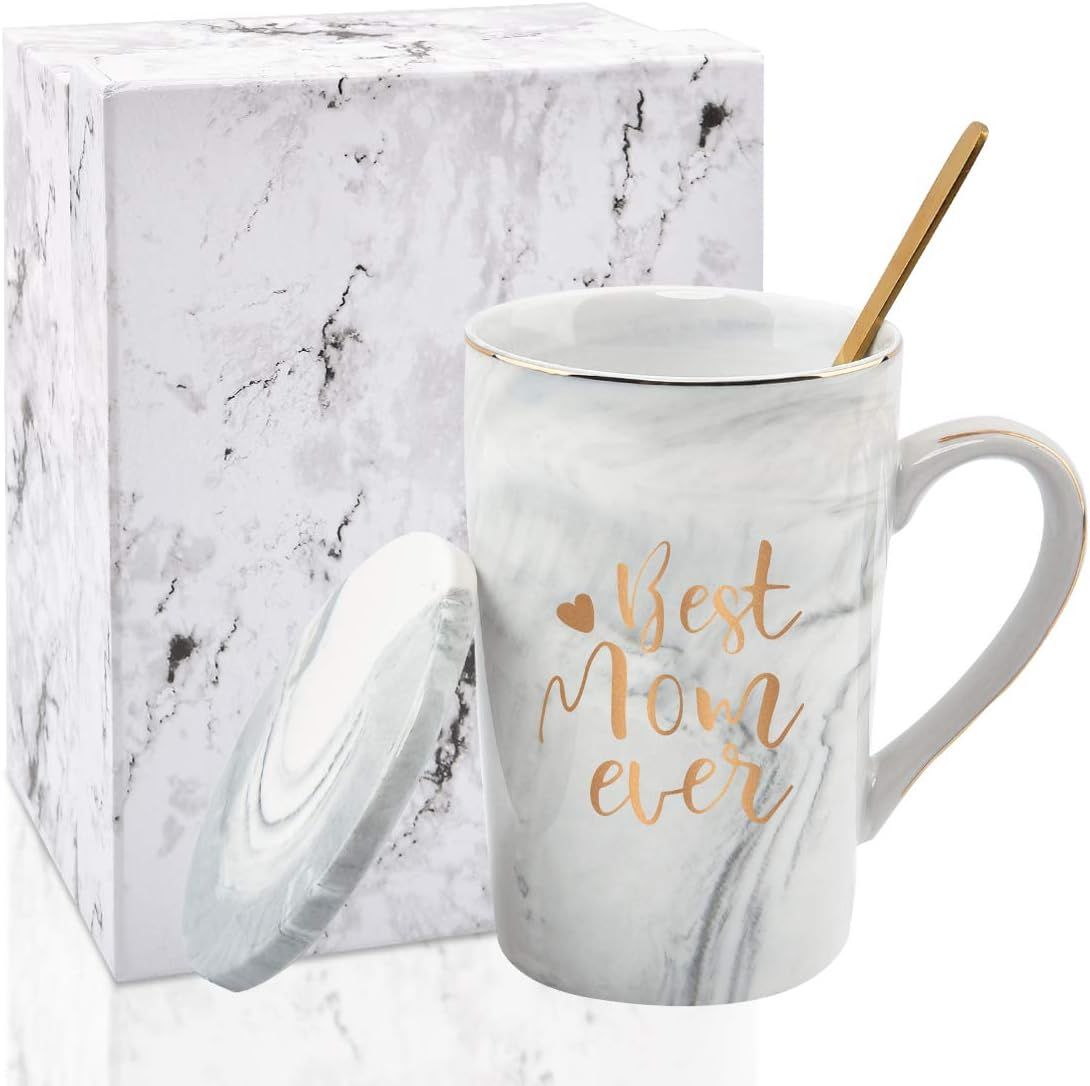 Best Mom Ever Coffee Mug Gift Set with Lid, Spoon & Coaster, 14oz Pink Marble Ceramic Cup for Mother's Day, Birthday, Christmas, Valentine's Day (White)