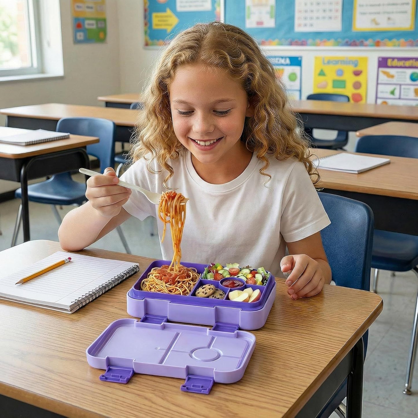Kids Bento Lunch Box with 6 Compartments, BPA-Free, Microwave & Dishwasher Safe, Leak-Proof for School & Picnics (Purple)