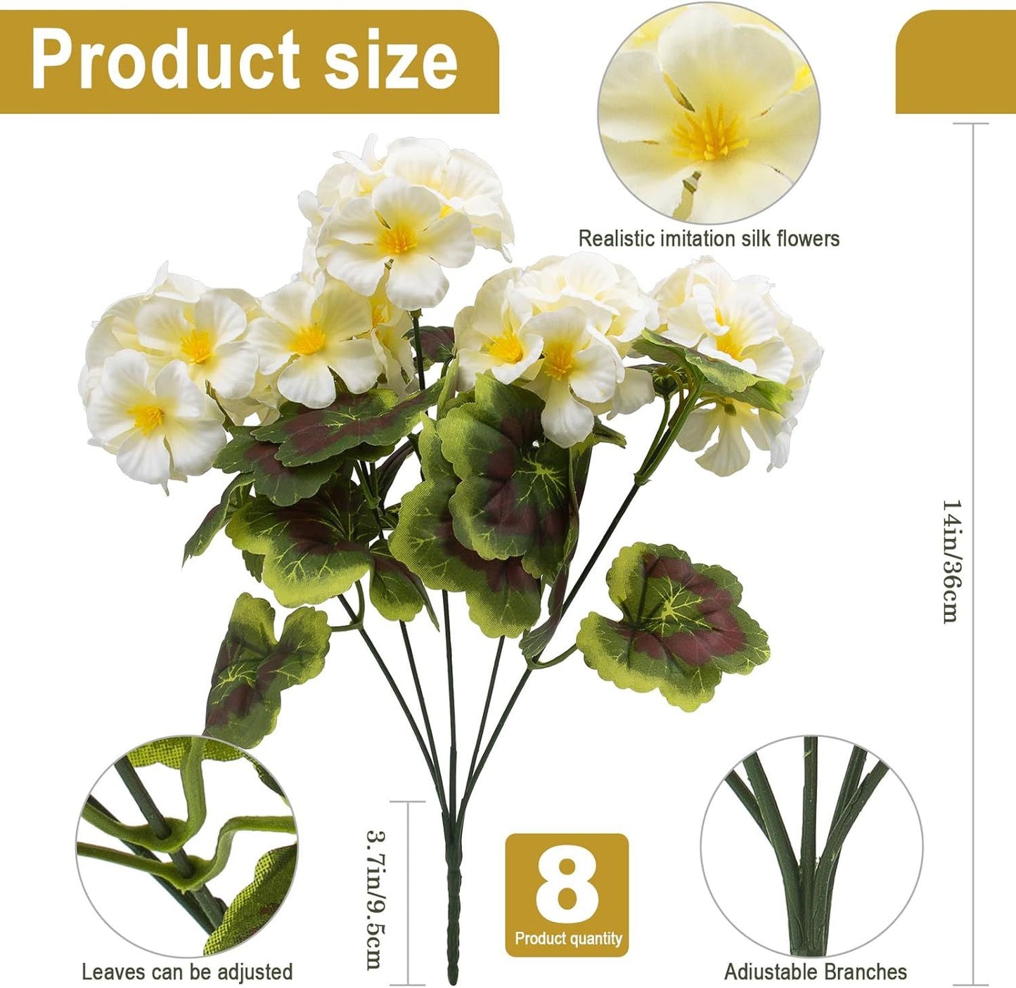 8 Pcs Artificial Red Geranium Silk Flowers for Outdoor Patio Garden & Indoor Home Decor (White)