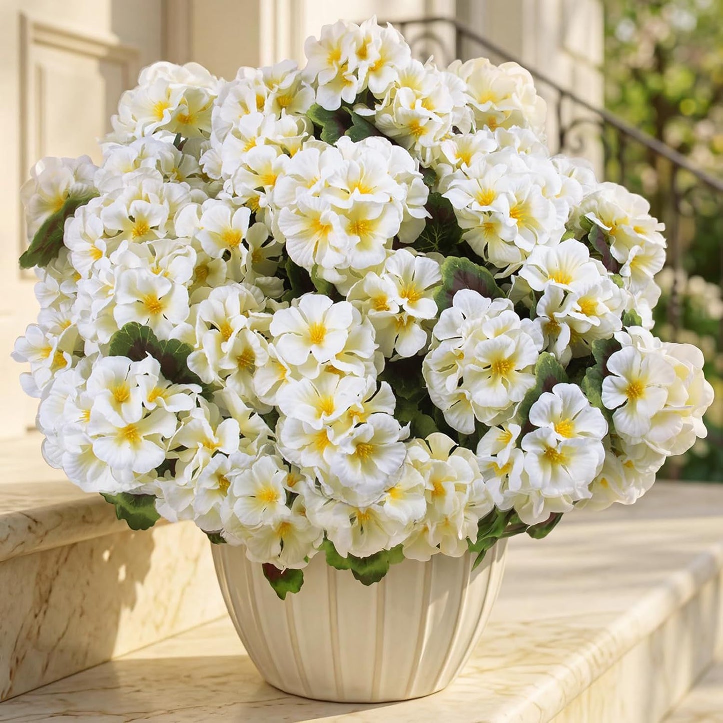 8 Pcs Artificial Red Geranium Silk Flowers for Outdoor Patio Garden & Indoor Home Decor (White)