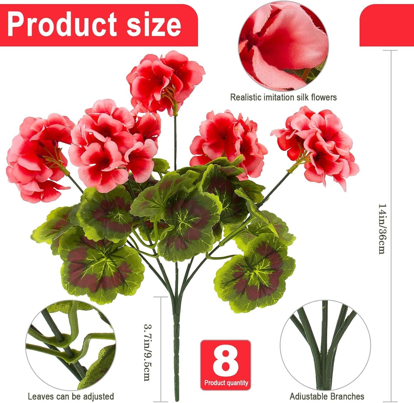 8 Pcs Artificial Red Geranium Silk Flowers for Outdoor Patio Garden & Indoor Home Decor (Pink)