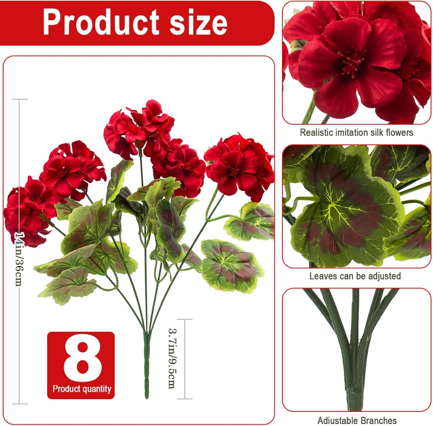 8 Pcs Artificial Red Geranium Silk Flowers for Outdoor Patio Garden & Indoor Home Decor (Red)