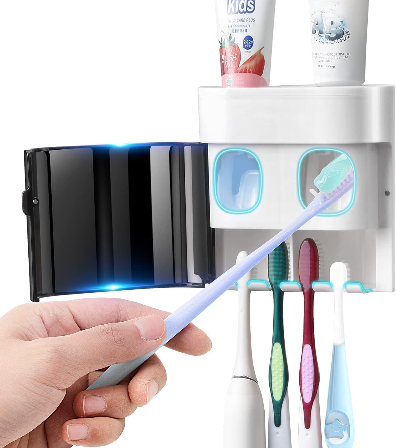 Wall-Mounted Toothbrush Holder & Automatic Toothpaste Dispenser with Magnetic Dust Cover for Family Bathroom (Black)