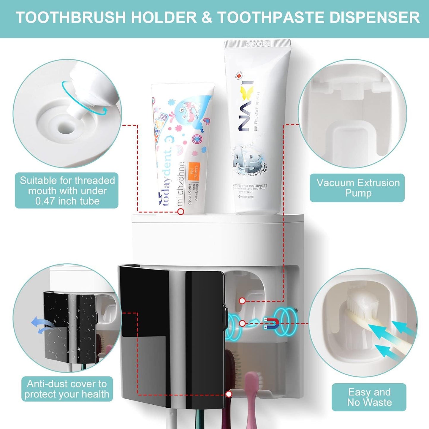 Wall-Mounted Toothbrush Holder & Automatic Toothpaste Dispenser with Magnetic Dust Cover for Family Bathroom (Black)