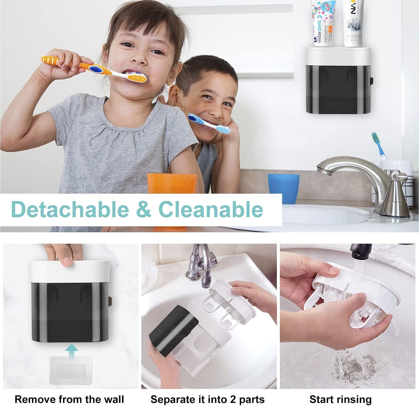 Wall-Mounted Toothbrush Holder & Automatic Toothpaste Dispenser with Magnetic Dust Cover for Family Bathroom (Black)