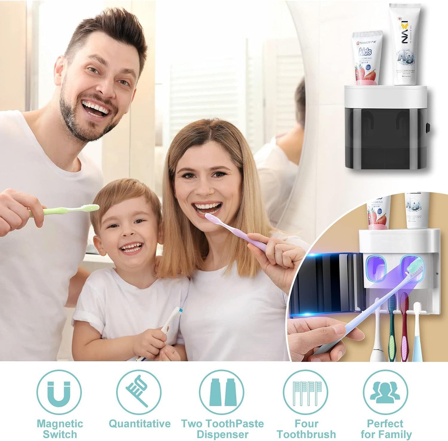 Wall-Mounted Toothbrush Holder & Automatic Toothpaste Dispenser with Magnetic Dust Cover for Family Bathroom (Black)