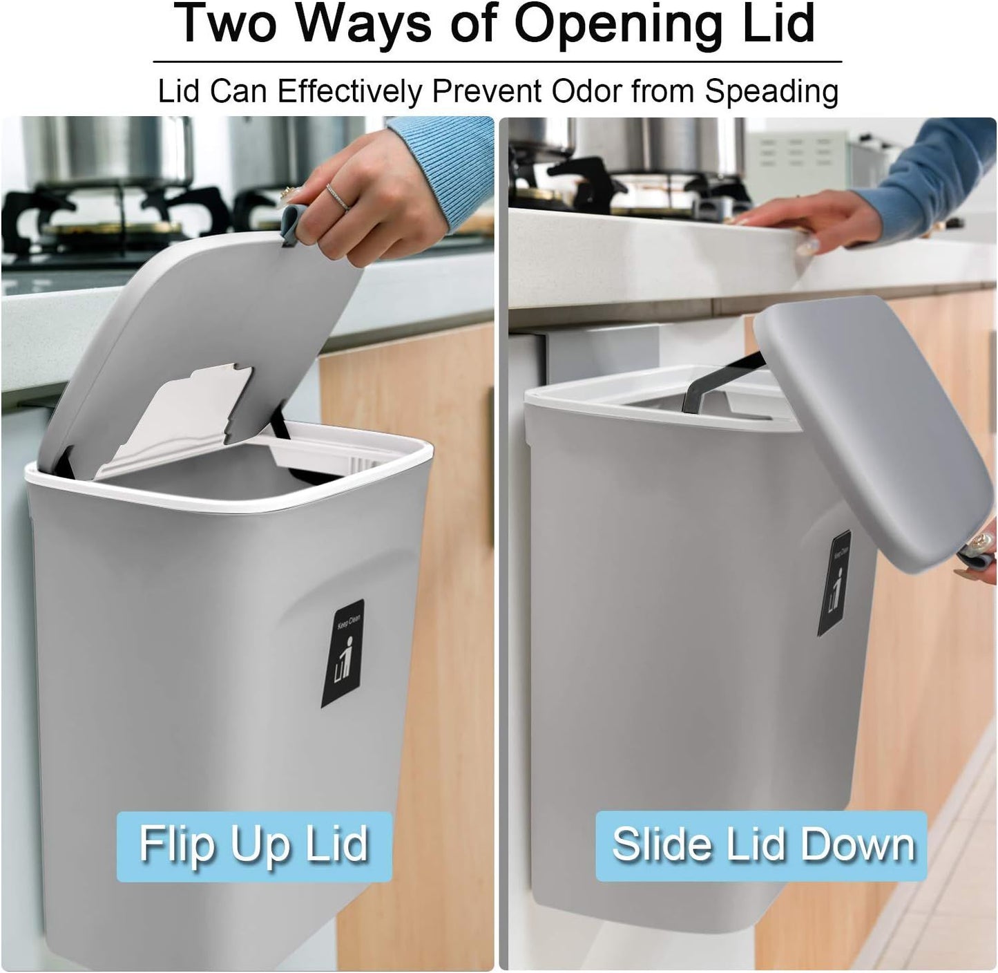 Hanging Kitchen Compost Bin with Lid for Cabinet Door or Wall, No-Drill Adhesive Mount, Odor-Proof & Space-Saving (Grey)