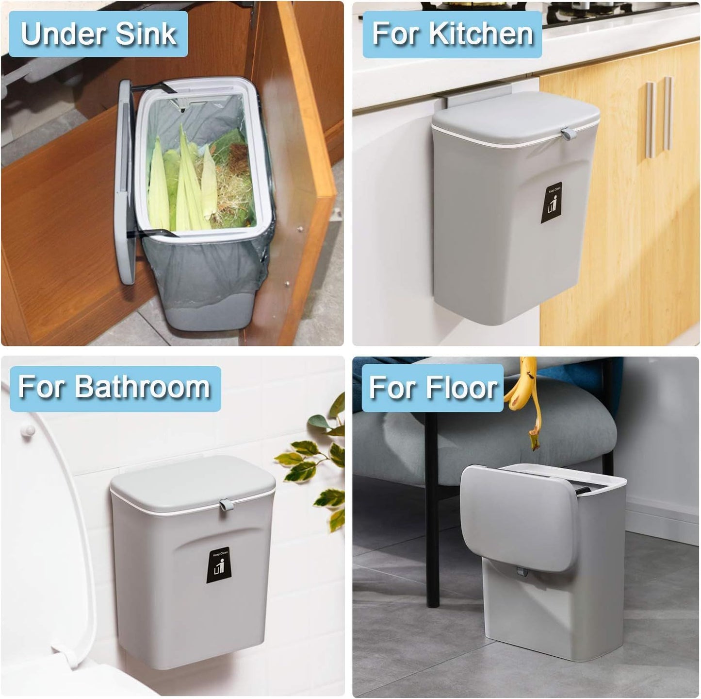 Hanging Kitchen Compost Bin with Lid for Cabinet Door or Wall, No-Drill Adhesive Mount, Odor-Proof & Space-Saving (Grey)
