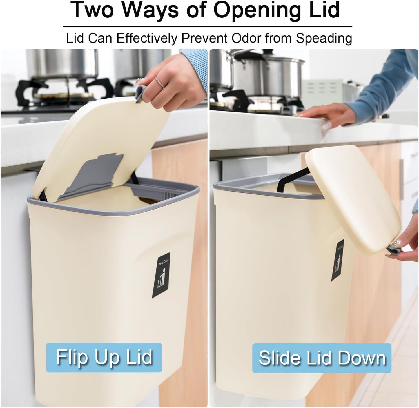 Hanging Kitchen Compost Bin with Lid for Cabinet Door or Wall, No-Drill Adhesive Mount, Odor-Proof & Space-Saving (Beige)