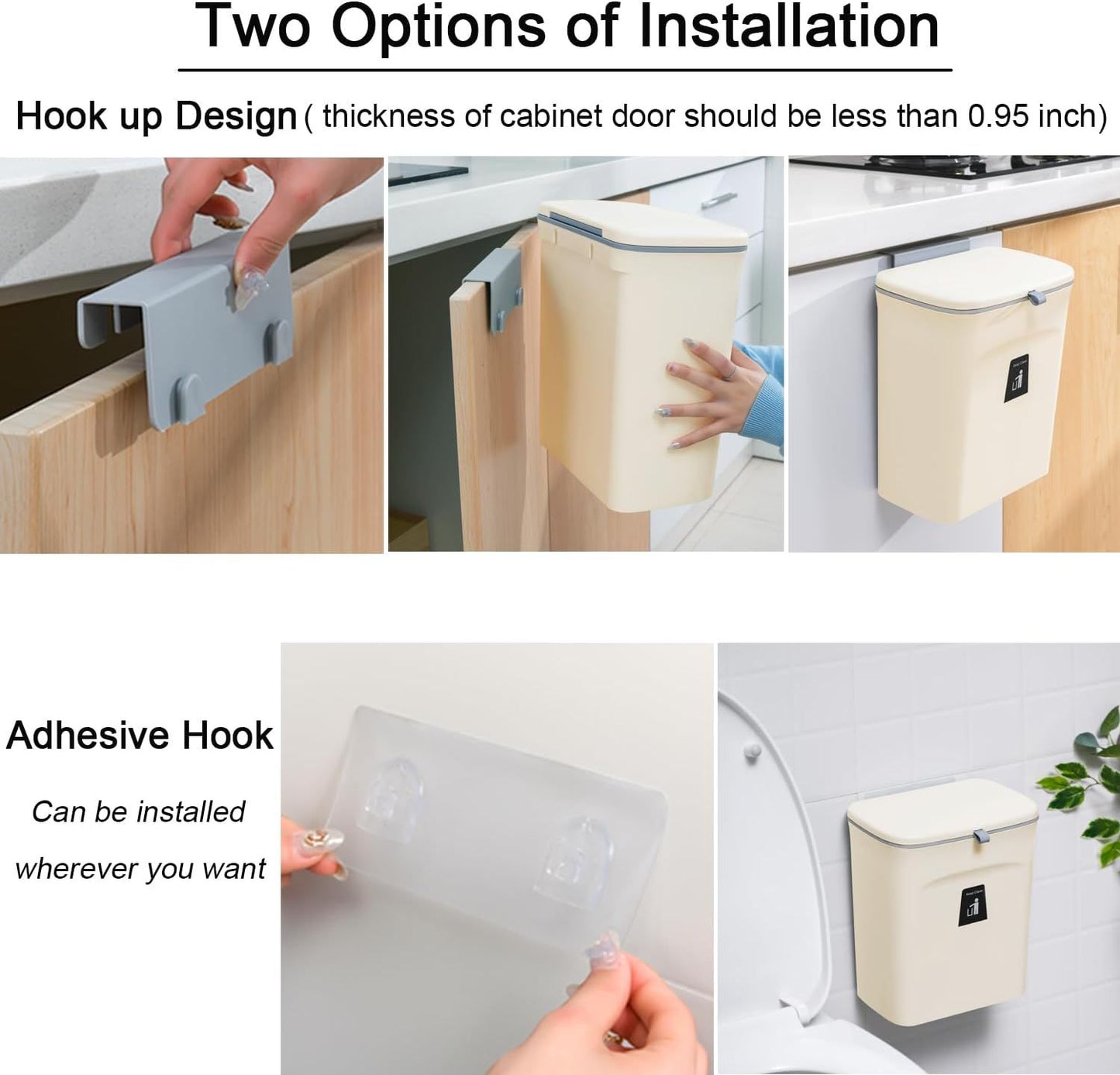 Hanging Kitchen Compost Bin with Lid for Cabinet Door or Wall, No-Drill Adhesive Mount, Odor-Proof & Space-Saving (Beige)