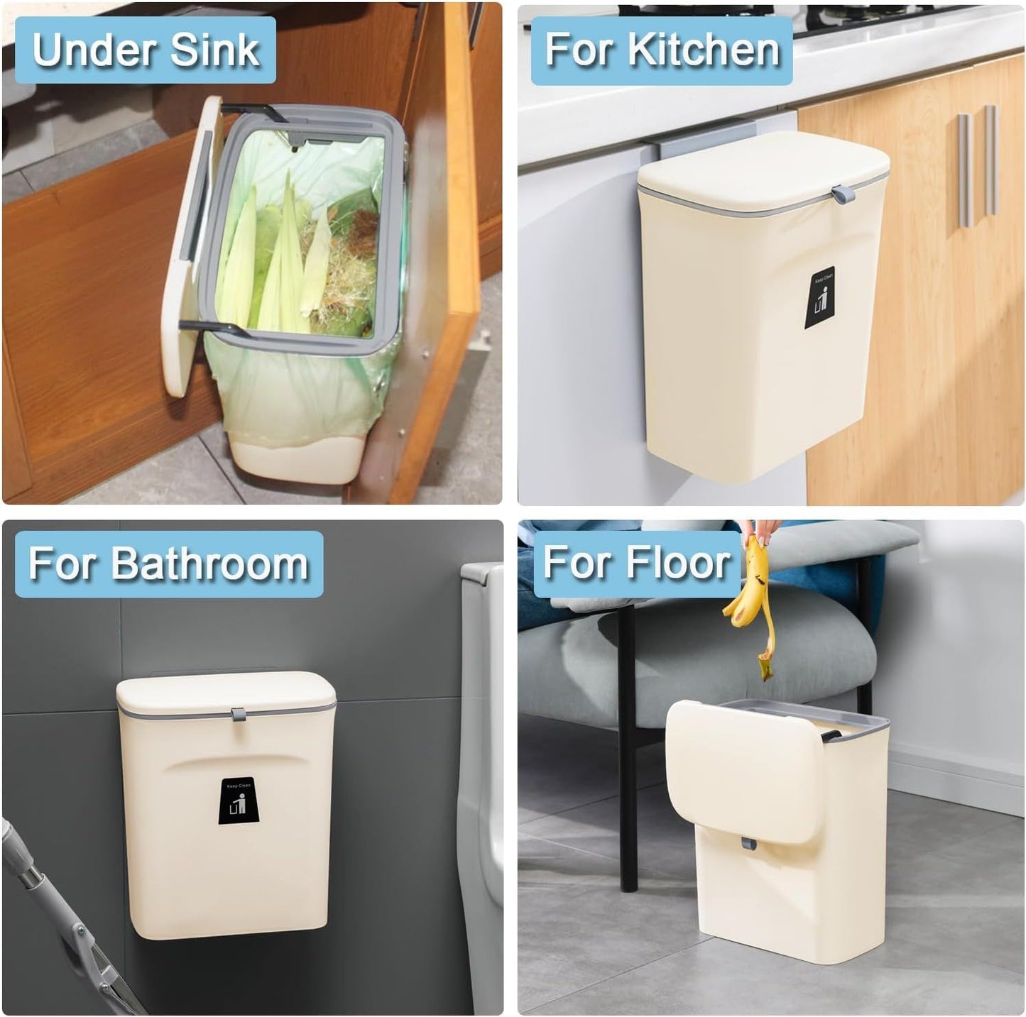 Hanging Kitchen Compost Bin with Lid for Cabinet Door or Wall, No-Drill Adhesive Mount, Odor-Proof & Space-Saving (Beige)