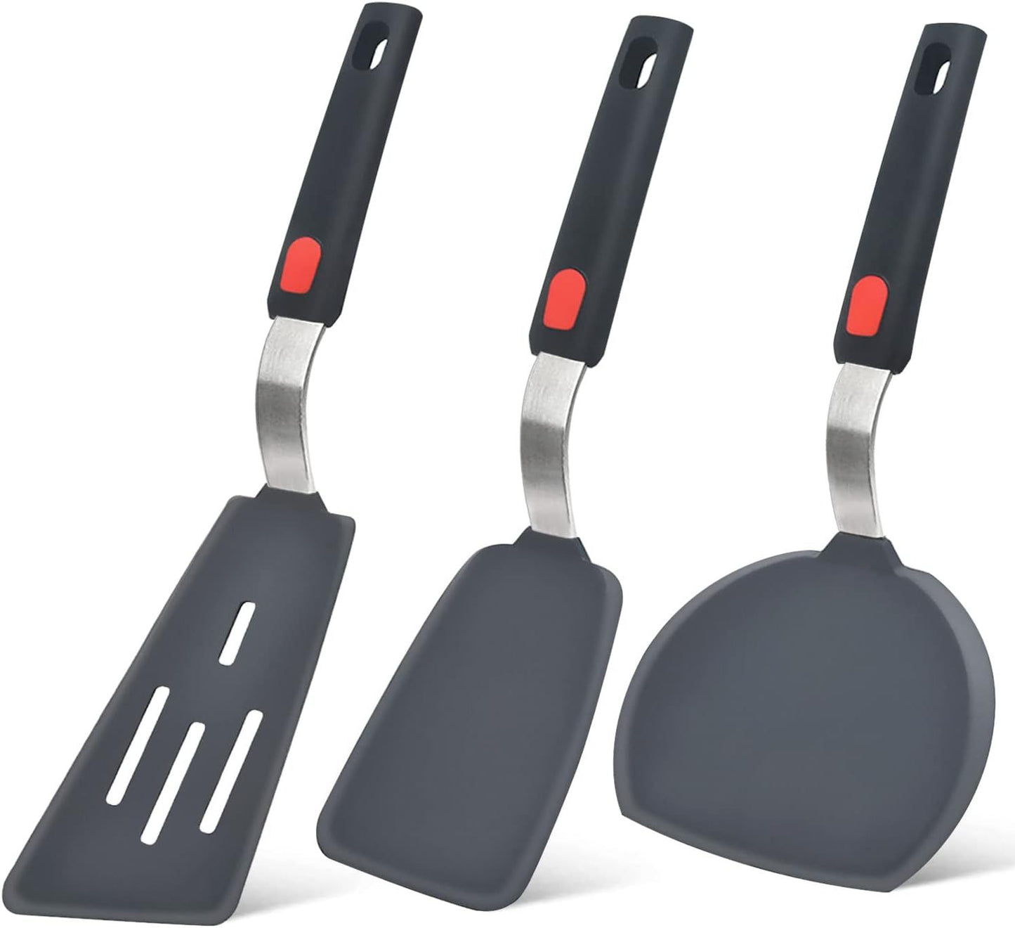 3-Piece Silicone Spatula Set with Stainless Steel Core, 600°F Heat Resistant Turner for Nonstick Cookware, Flexible Kitchen Utensils for Eggs, Fish, Pancakes, Burgers (Black)