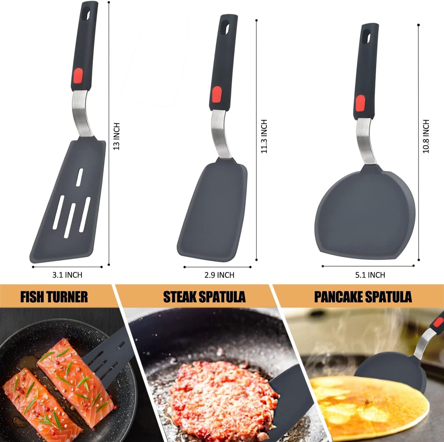 3-Piece Silicone Spatula Set with Stainless Steel Core, 600°F Heat Resistant Turner for Nonstick Cookware, Flexible Kitchen Utensils for Eggs, Fish, Pancakes, Burgers (Black)