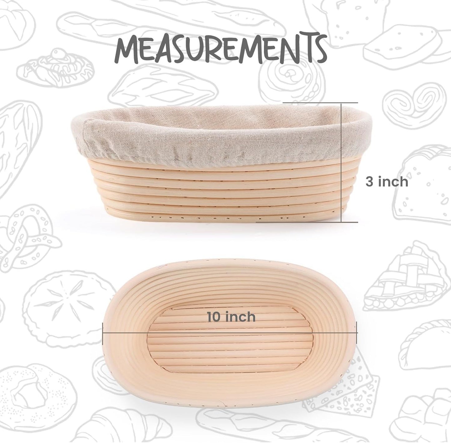 2 Pack Oval Sourdough Proofing Basket Set with Linen Liner, Natural Rattan Bread Fermentation Bowl for Artisan Baking, Splinter-Free Dough Rising Basket for Home Bakers (10 inch,Beige)