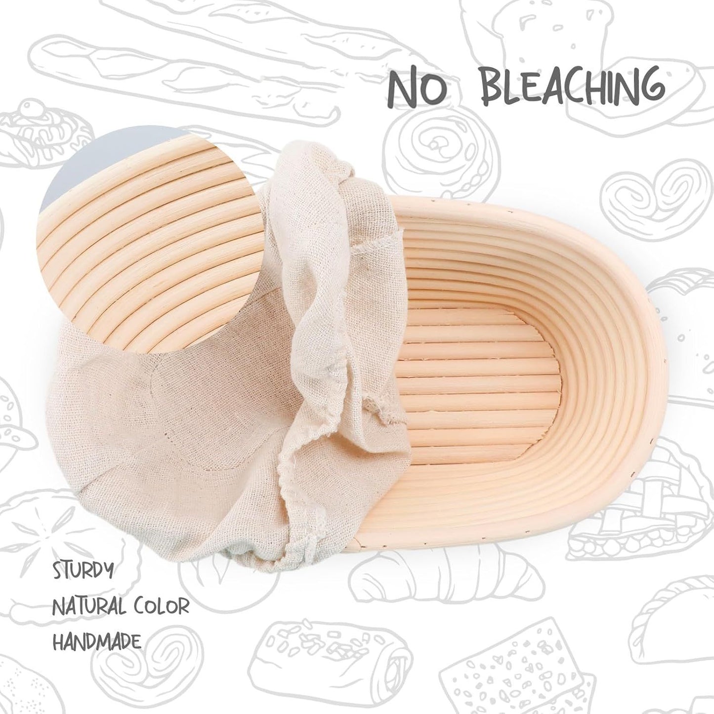 2 Pack Oval Sourdough Proofing Basket Set with Linen Liner, Natural Rattan Bread Fermentation Bowl for Artisan Baking, Splinter-Free Dough Rising Basket for Home Bakers (10 inch,Beige)