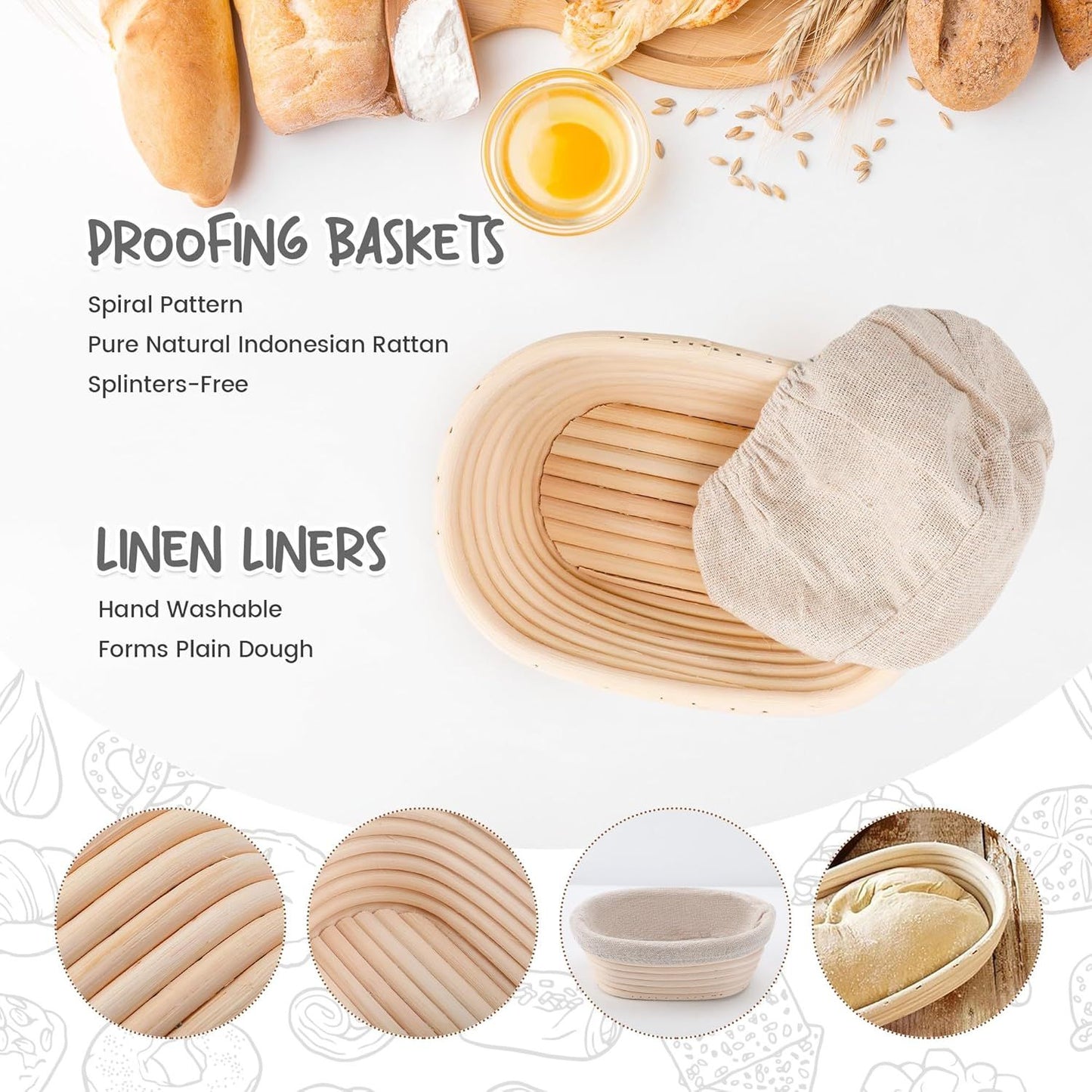 5 Pack Oval Sourdough Proofing Basket Set with Linen Liner, Natural Rattan Bread Fermentation Bowl for Artisan Baking, Splinter-Free Dough Rising Basket for Home Bakers (6.5inch,Beige)