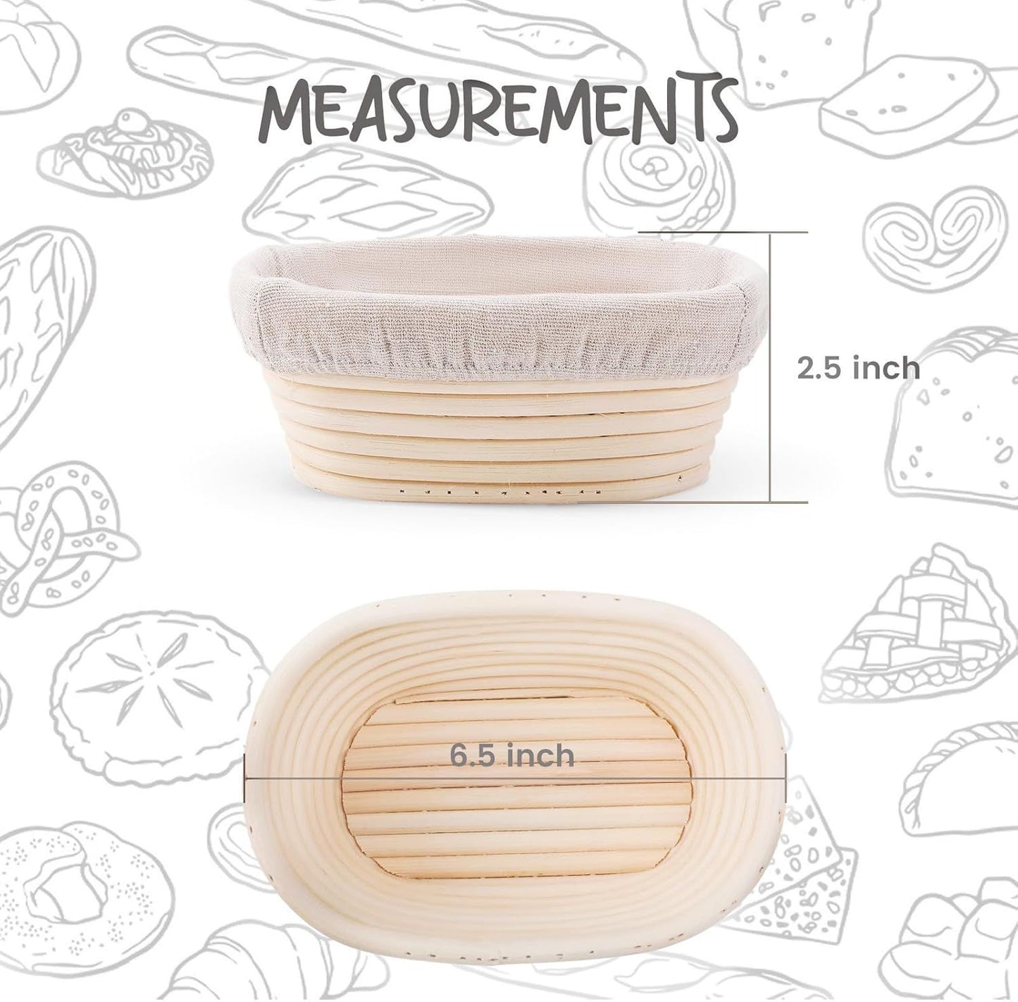 5 Pack Oval Sourdough Proofing Basket Set with Linen Liner, Natural Rattan Bread Fermentation Bowl for Artisan Baking, Splinter-Free Dough Rising Basket for Home Bakers (6.5inch,Beige)