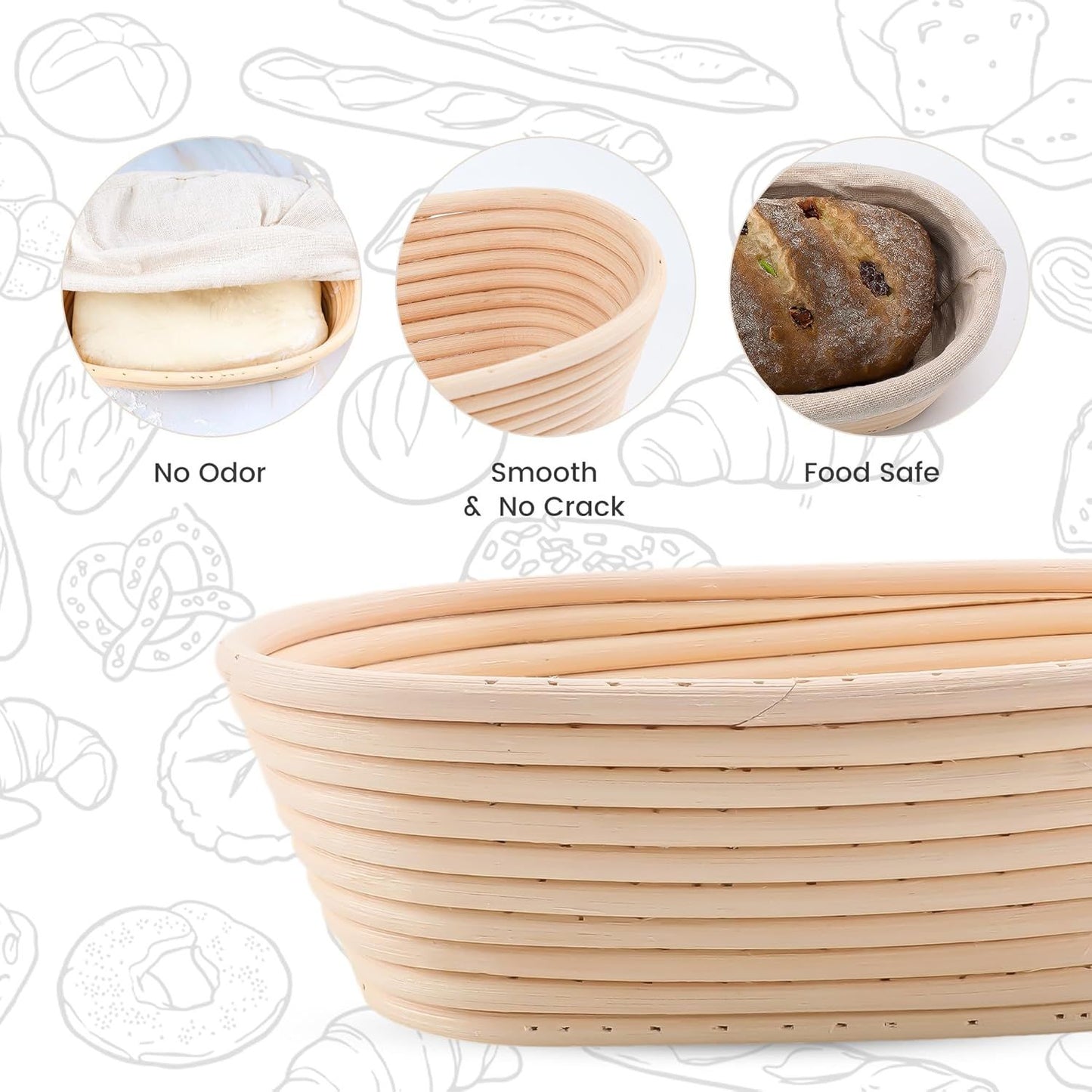 5 Pack Oval Sourdough Proofing Basket Set with Linen Liner, Natural Rattan Bread Fermentation Bowl for Artisan Baking, Splinter-Free Dough Rising Basket for Home Bakers (6.5inch,Beige)