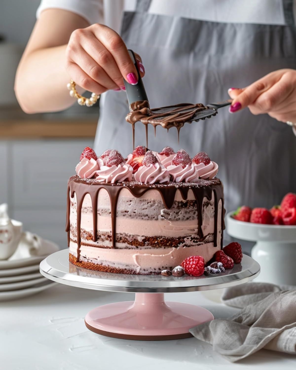 Premium Aluminum Alloy Cake Turntable Set with 3 Icing Scrapers, Offset & Silicone Spatulas, Non-Slip Base for Smooth Frosting, Professional Baking & Decorating Kit for Home Bakers (Pink)