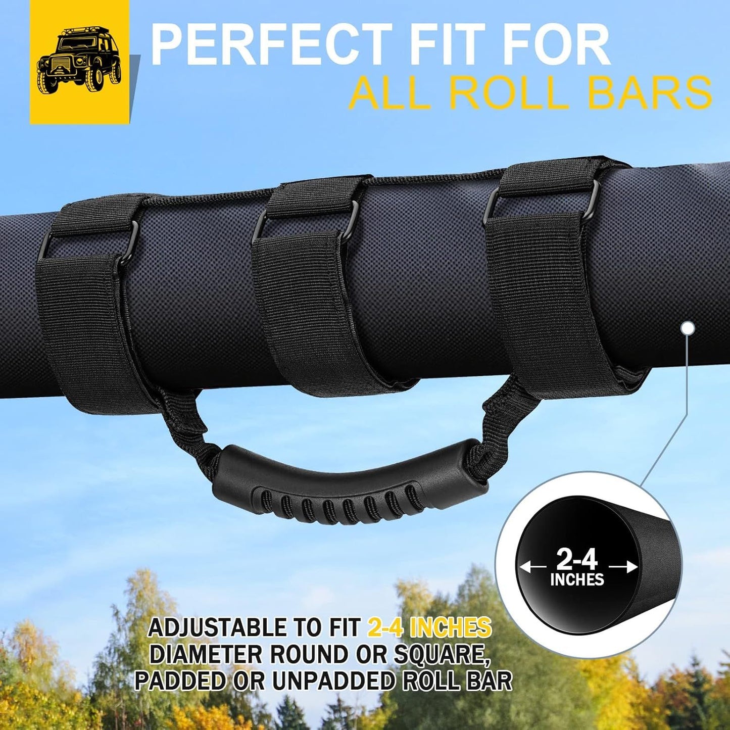 2-Pack Heavy Duty Roll Bar Grab Handles for Jeep Wrangler & Off-Road Vehicles, Easy Install Non-Destructive Safety Grip for Entry Exit (Black)