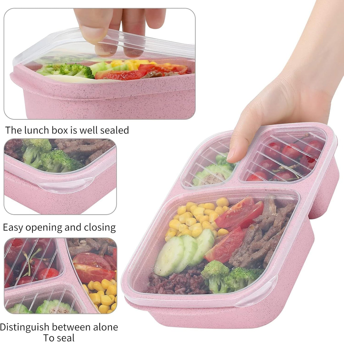 4-Pack Wheat Straw Bento Box Set with 3 Compartments for Meal Prep, Office & School Lunch, Microwave Safe (Pink Green Blue Beige)