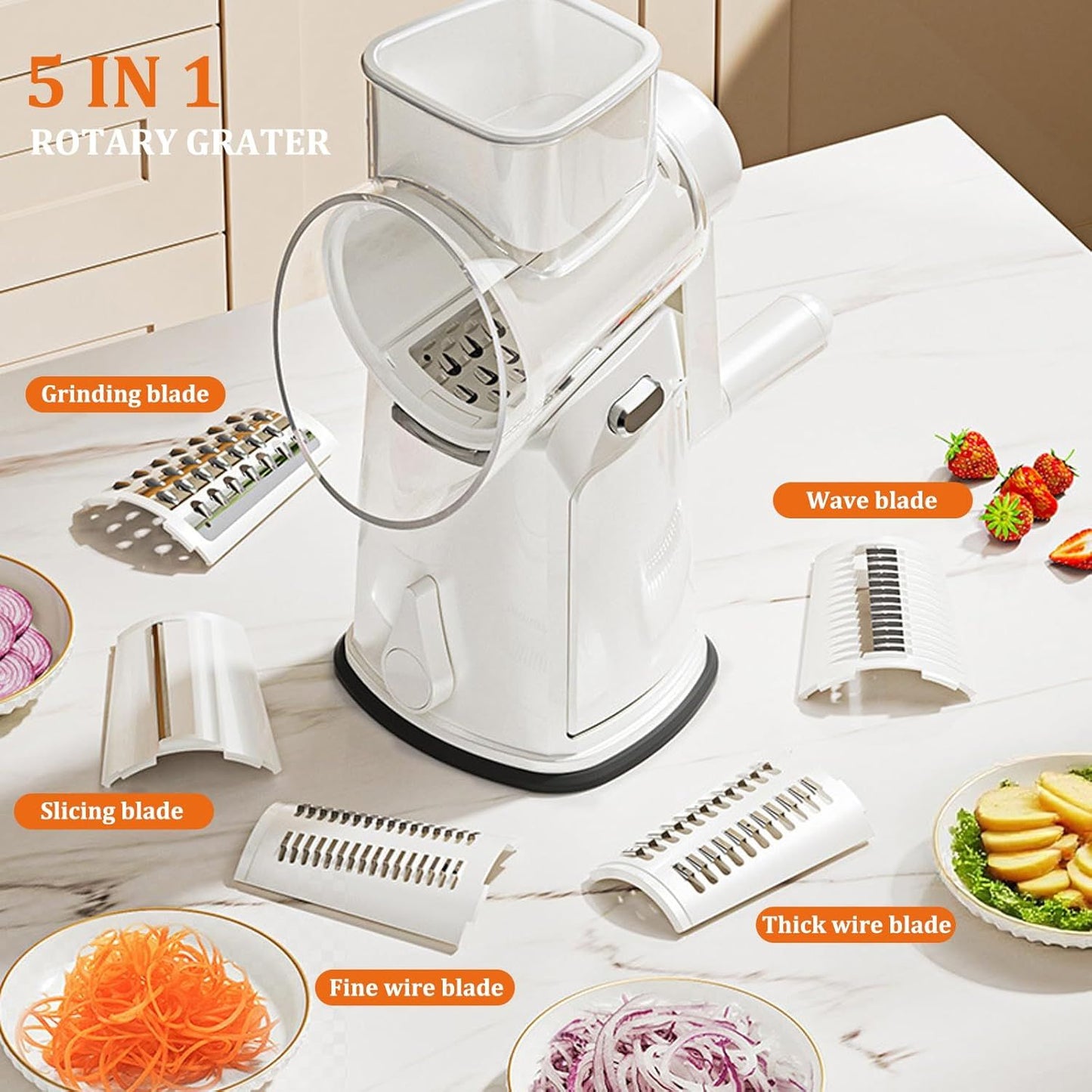 5-in-1 Hand Crank Rotary Vegetable Slicer & Grater with 10 Blades, Hidden Storage Box for Kitchen Food Prep (White)