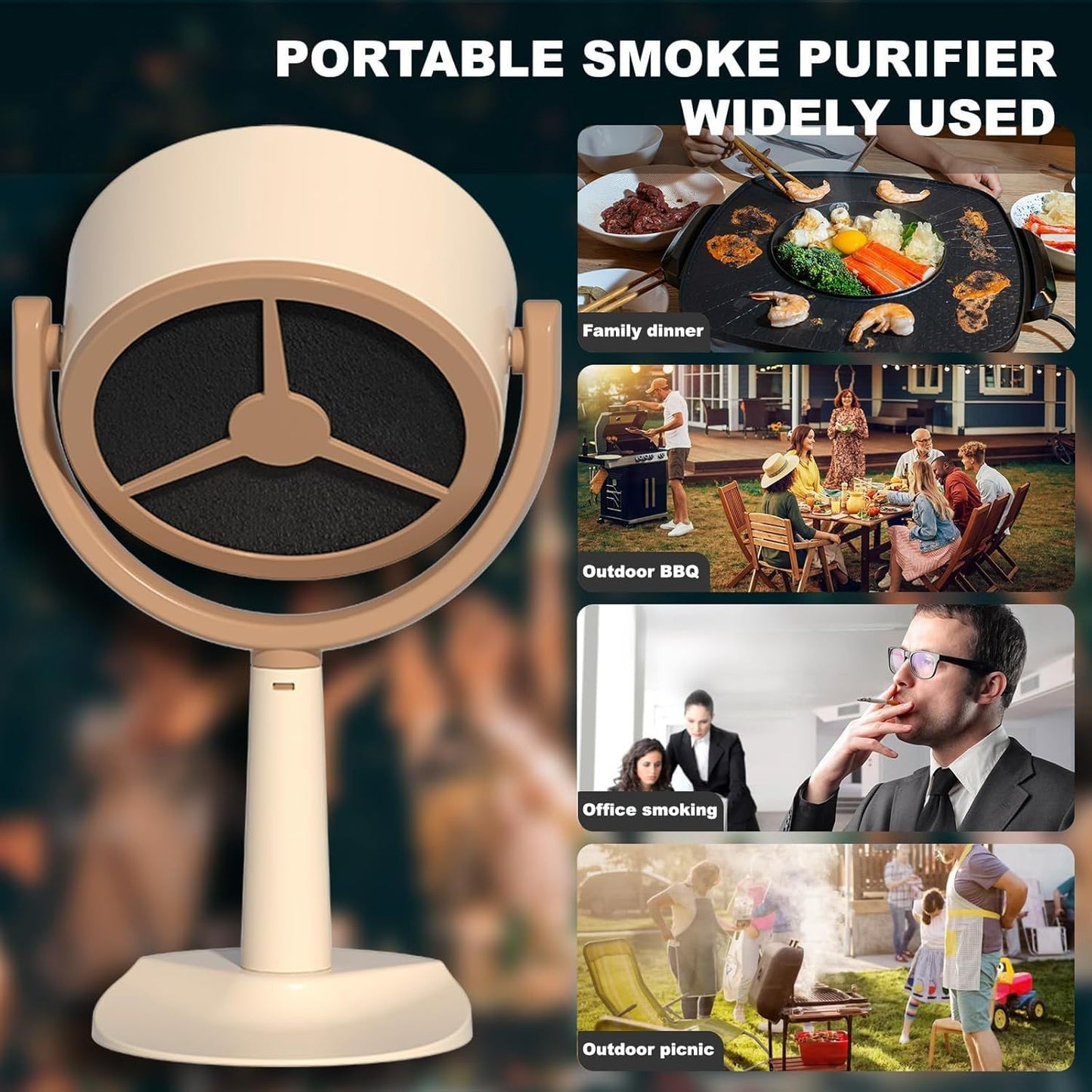 Portable Desktop Smoke Purifier Fan with Strong Suction, USB Rechargeable Mini Exhaust Hood for Home Kitchen BBQ Office Travel Includes 12 Filters (Beige)