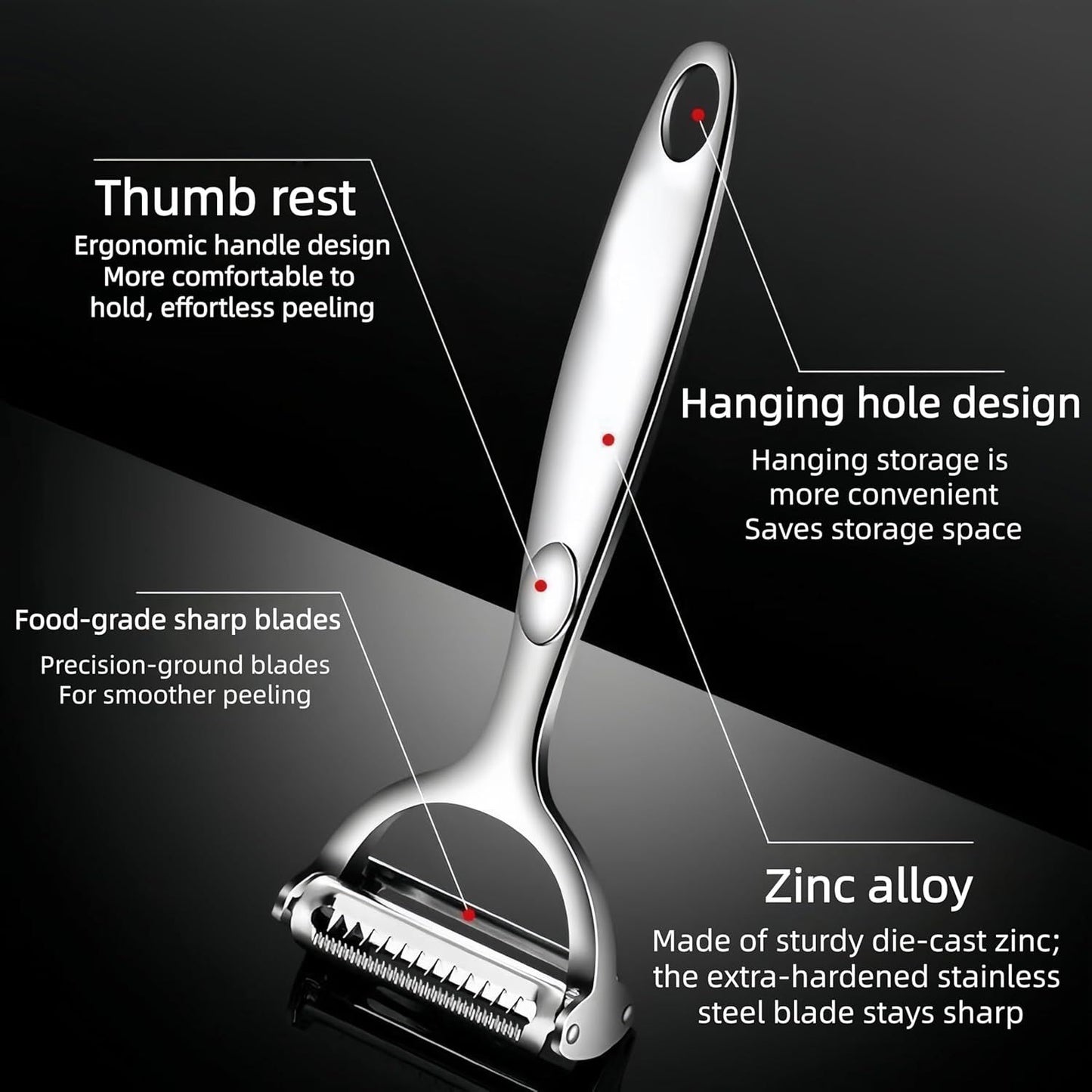 Premium Zinc Alloy Multifunctional Vegetable Peeler with Rotating Serrated Blade, Ergonomic Handle for Kitchen Food Prep, Julienne Shredding, and Potato Peeling (Silver)