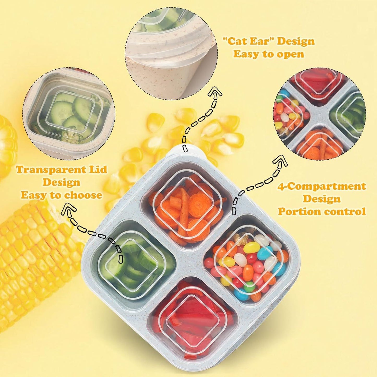 4-Pack Wheat Straw Bento Snack Boxes, 4-Compartment Reusable Lunch Containers for Kids & Adults, BPA-Free Portion Control, Microwave & Freezer Safe (Multicolor)
