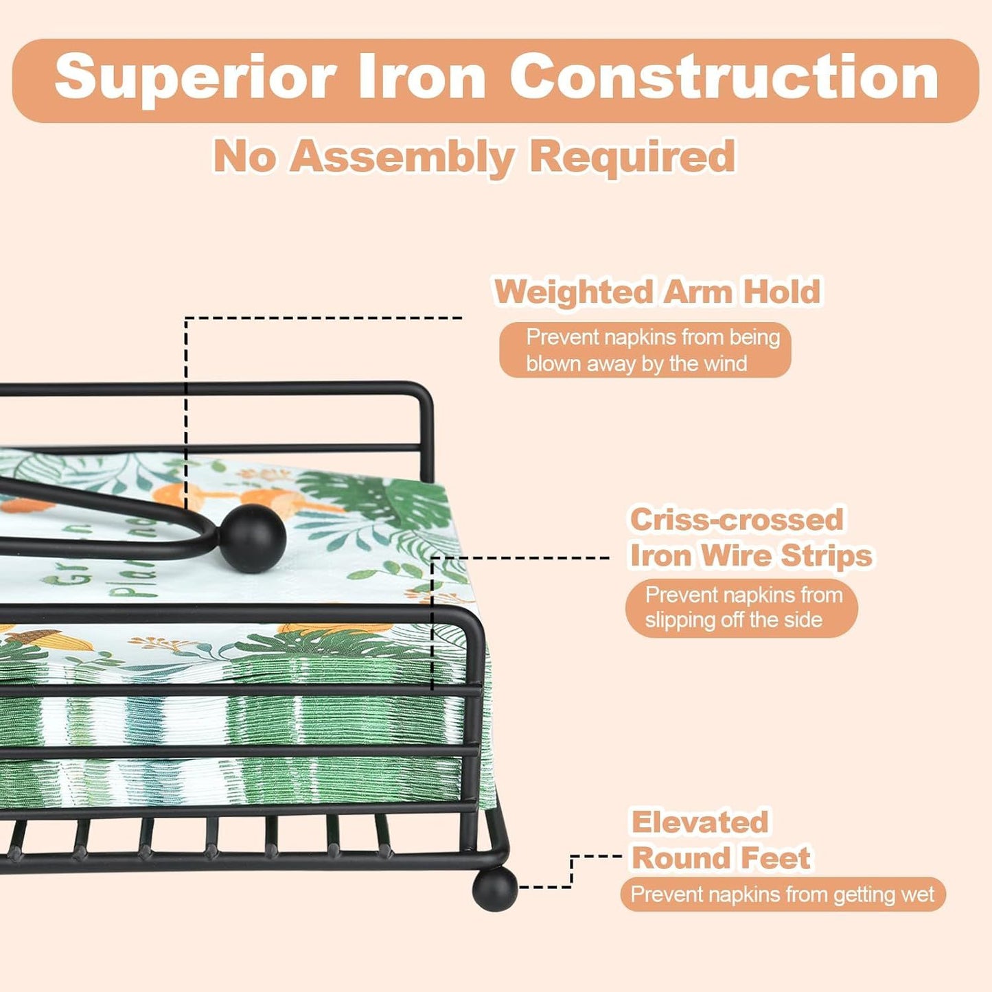 Iron Napkin Holder for Dining Table, Kitchen Counter & Outdoor Picnic Use with Weighted Arm (Black)