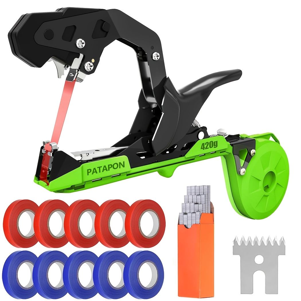 Garden Tape & Staple Gun Set for Plant Tying and Securing, 10000 Staples, 500m Tape-Green