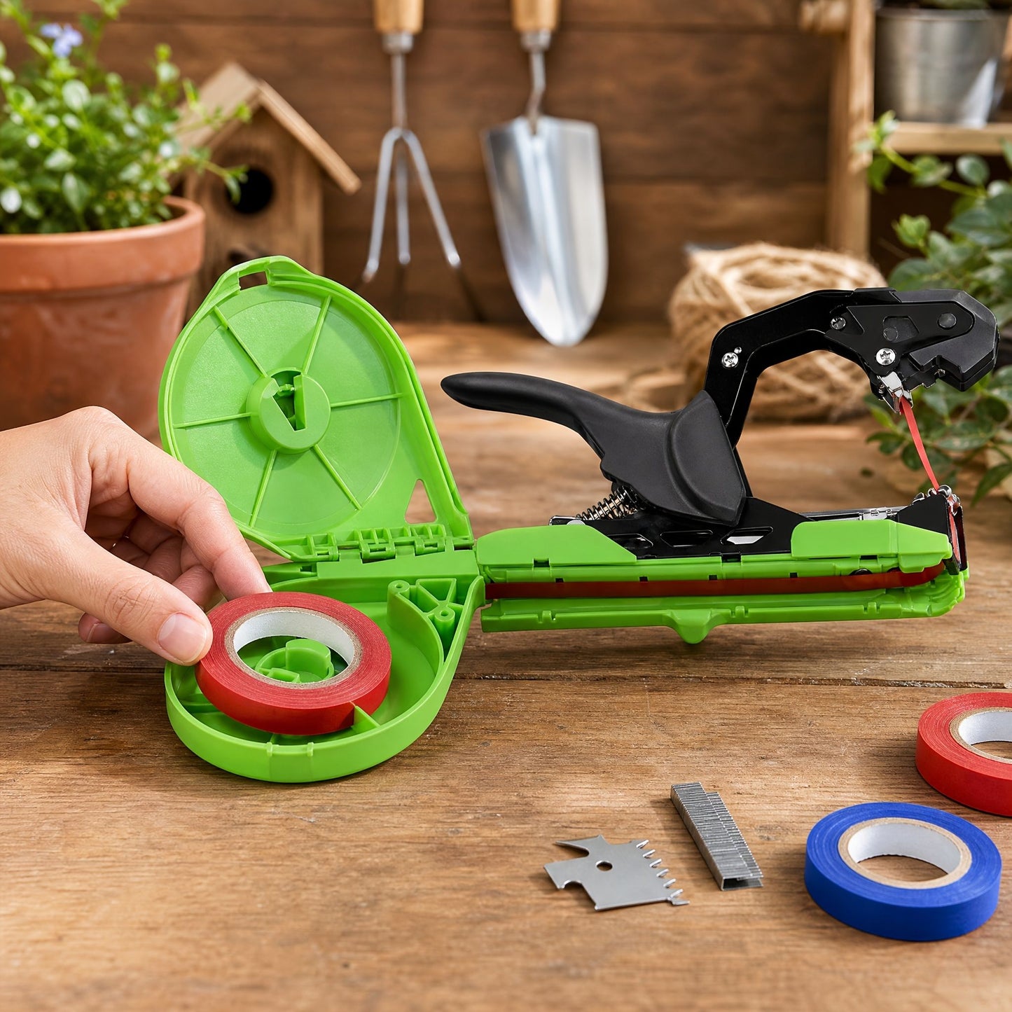 Garden Tape & Staple Gun Set for Plant Tying and Securing, 10000 Staples, 500m Tape-Green