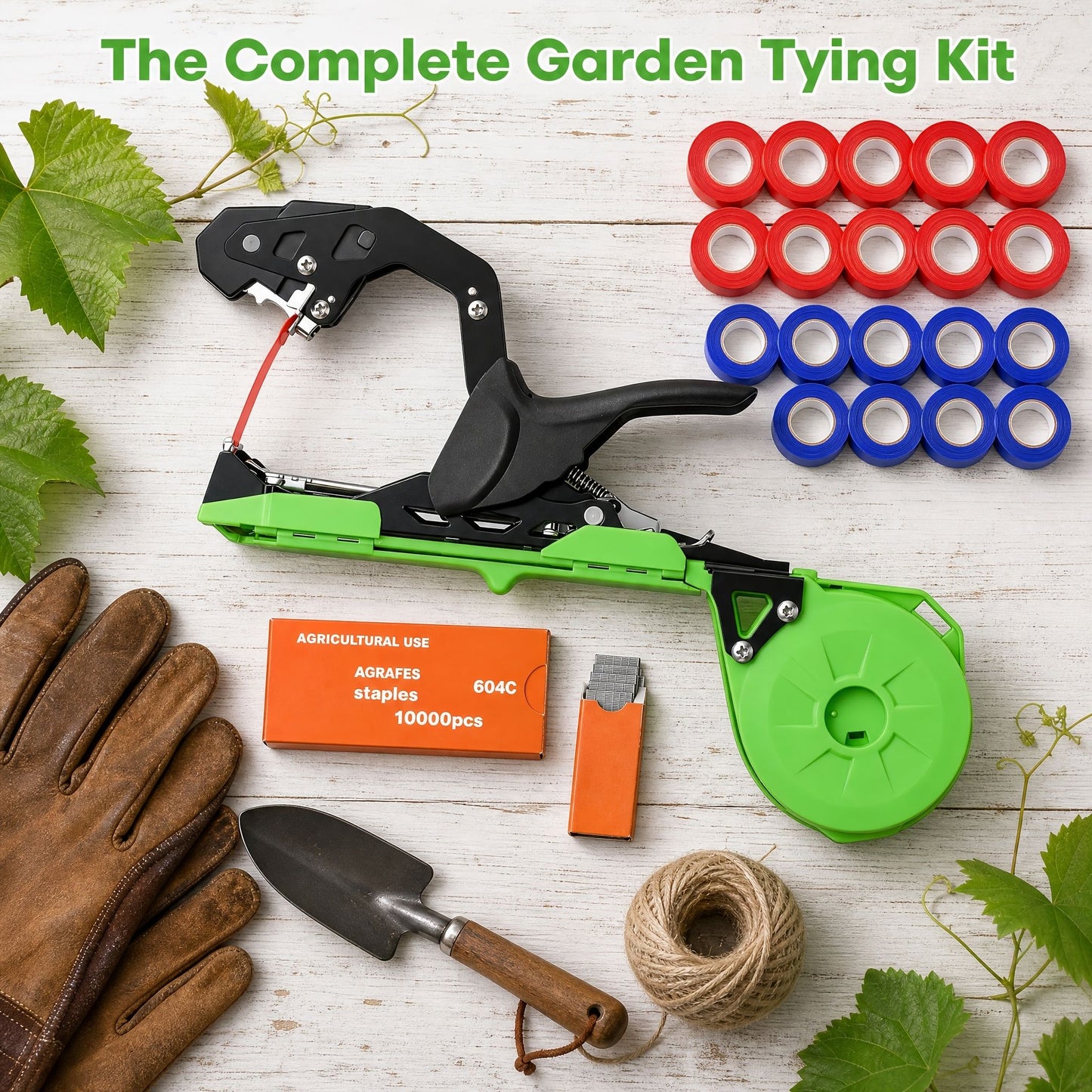 Garden Tape & Staple Gun Set for Plant Tying and Securing, 10000 Staples, 500m Tape-Green