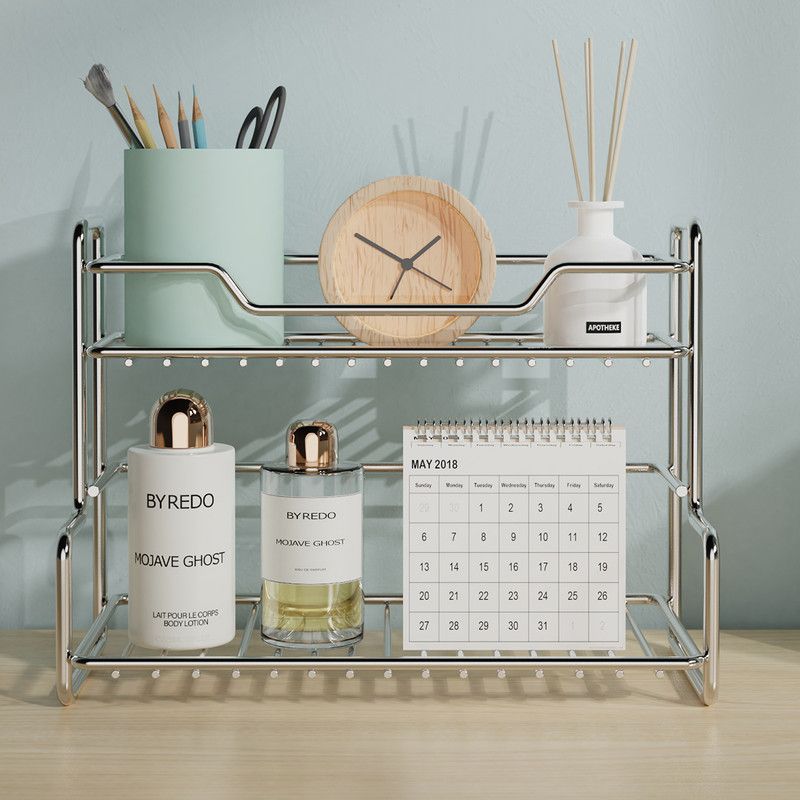 304 Stainless Steel Two Layers Tabletop Storage Rack Kitchen Spice Rack Bathroom Cosmetics Mouthwash Cup Organizer Shelf-Silver