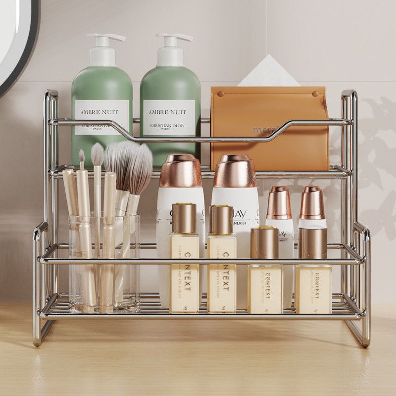 Stainless Steel Two Layers Storage Shelf Kitchen Spice Rack Bathroom Cosmetics Mouthwash Cup Organizer Storage Rack-Silver