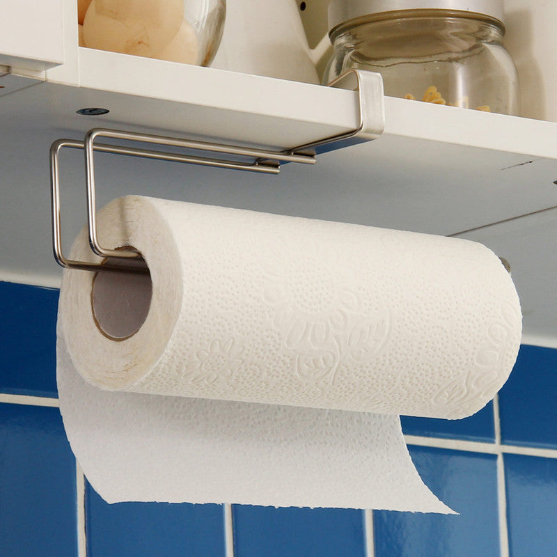 Stainless Steel No-punch Roll Paper Rack for Kitchen Cabinet Cling Film Storage Rack-Silver