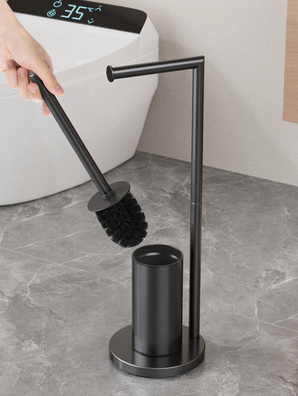 2-in-1 Floor Standing Roll Paper Holder and Toilet Brush For Bathroom and Toilet-Black