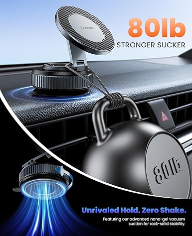 Suction Phone Mount for Car Dashboard/Windshield - 360°Adjustable Magnetic Phone Holder for Car, Foldable Car Phone Holder for iPhone  Series (Carbon Fiber & Aluminum Alloy)