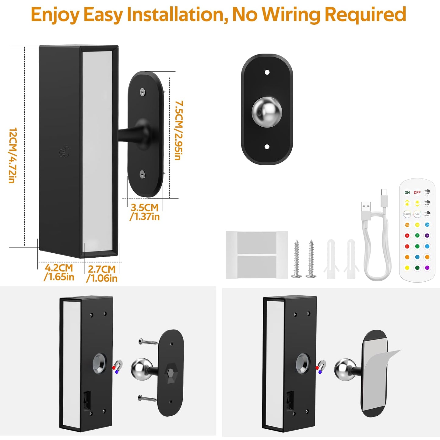 LED Wall Lights 2 Pack with Remote,Wall Sconces Lamp 3000mAh Rechargeable Battery Operated,3 Color Temperatures & 12 RGB Dimmable Magnetic 360° Rotation Cordless Light (Black)