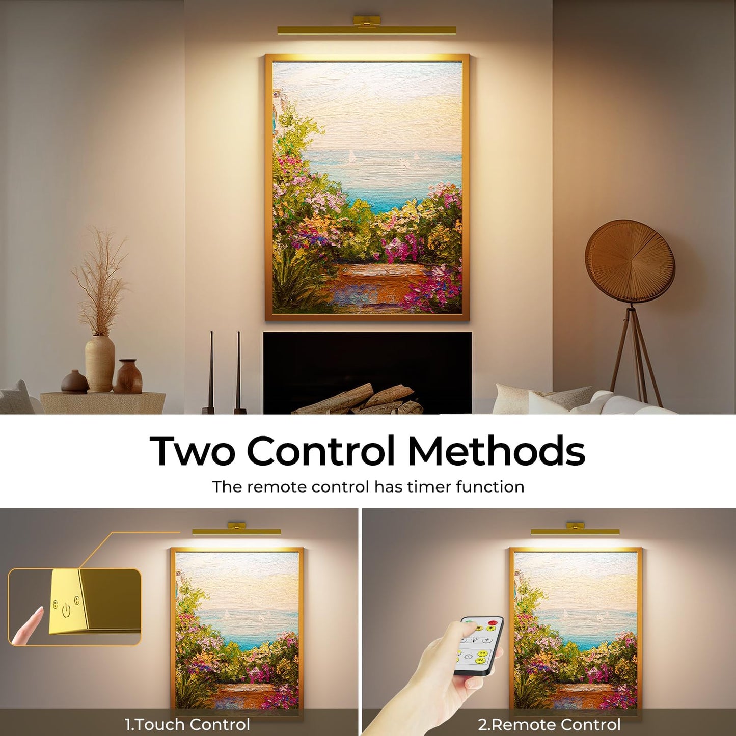 Wall Picture Light, 24in Battery-Powered Gallery Light for Artwork, CCT Dimmable Rechargeable Battery Wall Lamp with Remote Control for Living Room, Gallery, and Dartboard (Gold)