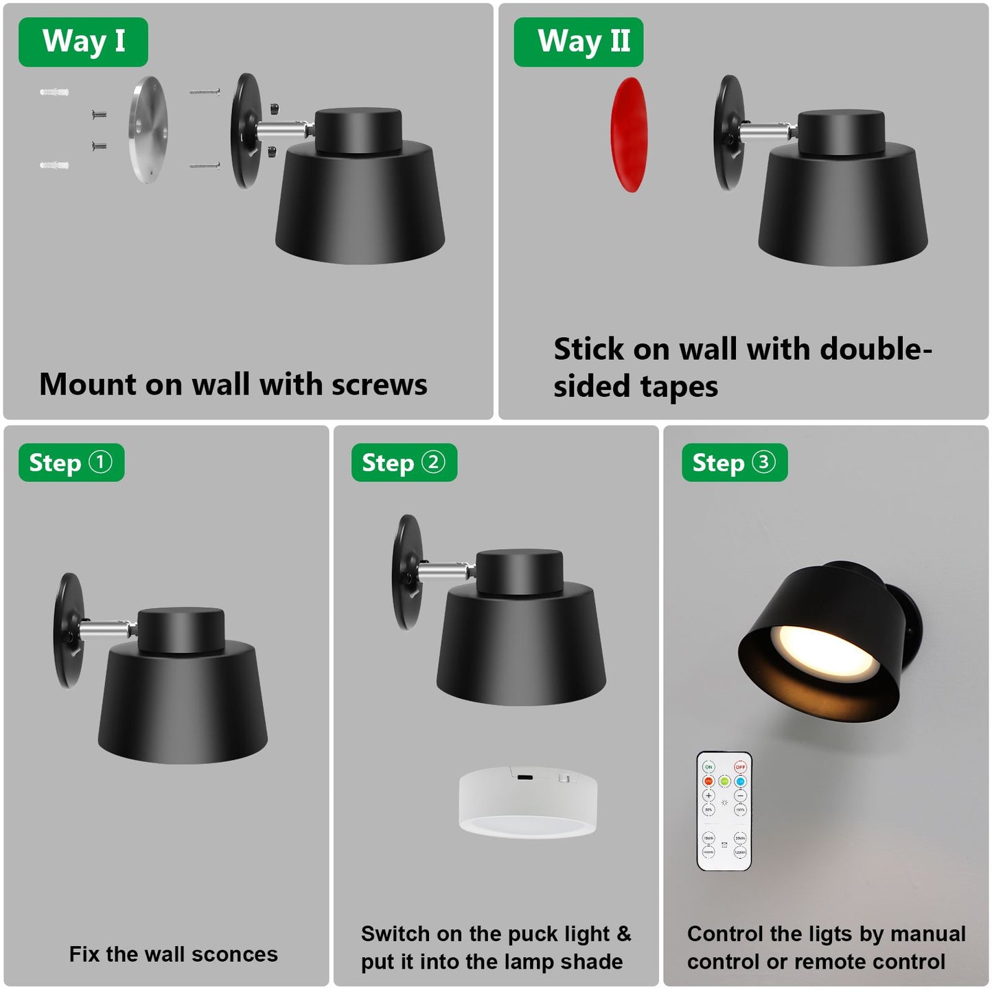 AIBOO Art Display Light, Picture Light Rechargeable Black, Color Changing & Dimmable with Remote LED Rotatable Wall Light for Pictures, Paintings, Portraits, Artworks