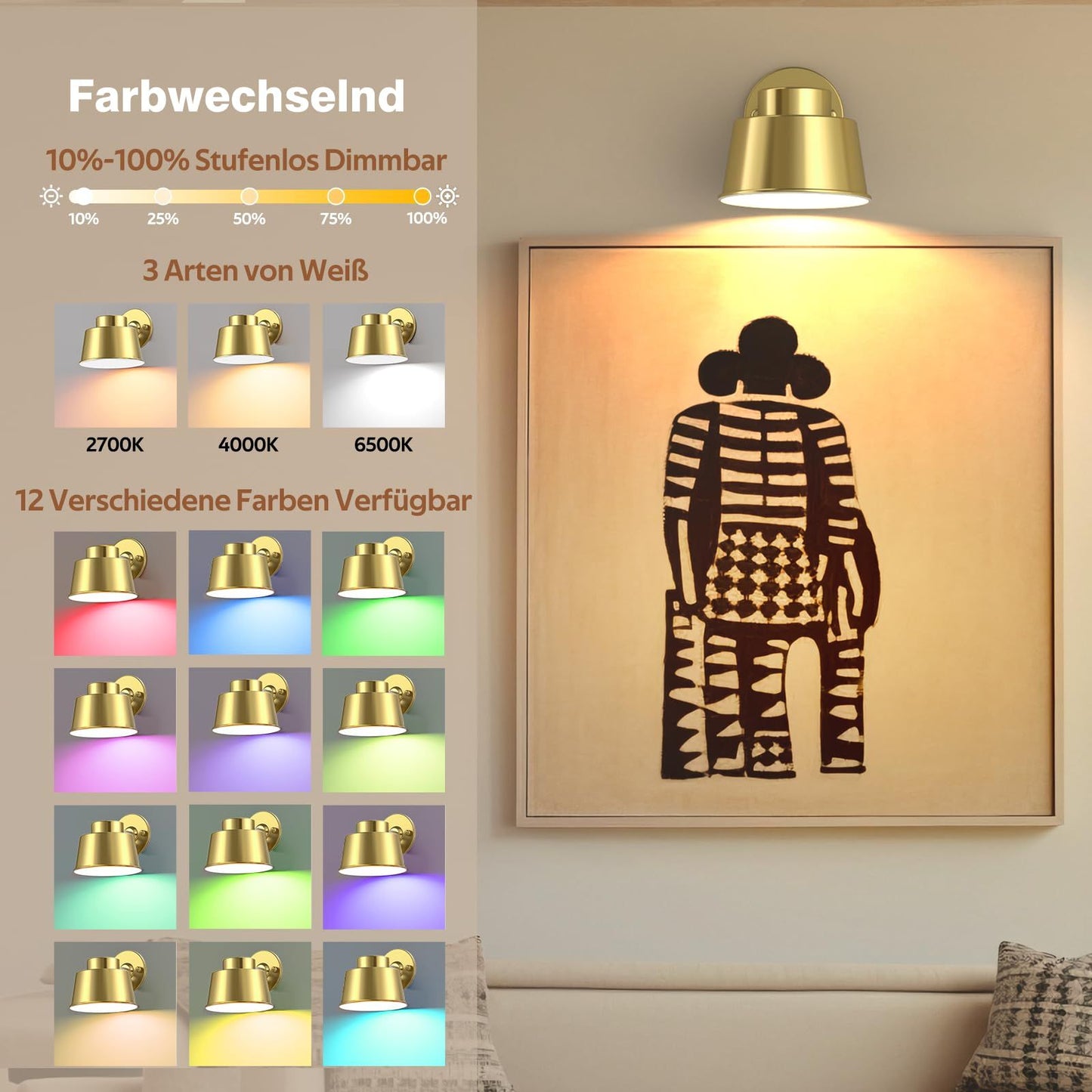 AIBOO Night Light Wireless Wall Light Indoor LED,Battery Operated Wall Lights Rechargeable Lamp with Remote,Touch Lamp Dimmable Wall Sconces Bedside Lamp for Bedroom Livingroom (Gold, 1Pack) [Energy Class E]