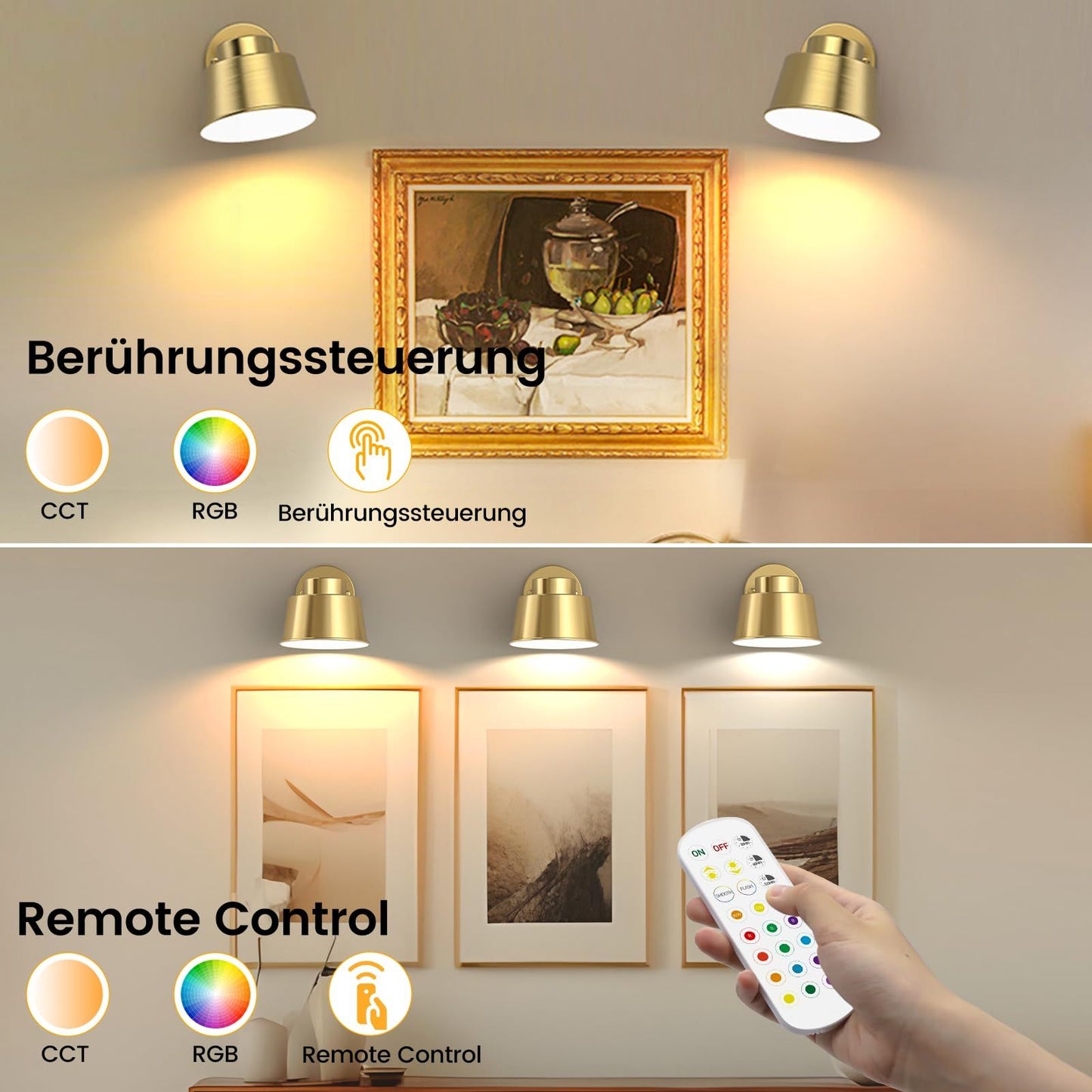 AIBOO Night Light Wireless Wall Light Indoor LED,Battery Operated Wall Lights Rechargeable Lamp with Remote,Touch Lamp Dimmable Wall Sconces Bedside Lamp for Bedroom Livingroom (Gold, 1Pack) [Energy Class E]
