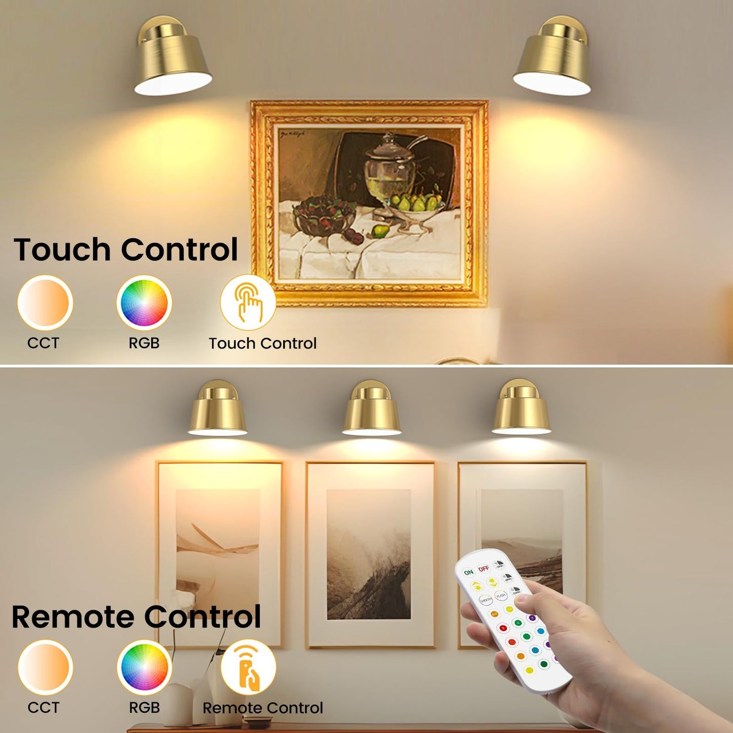 AIBOO Night Light Wireless Wall Light Indoor LED 2 Pack,Battery Operated Wall Lights Rechargeable Lamp with Remote,Touch Lamp Dimmable Wall Sconces Bedside Lamp for Bedroom Livingroom (Gold, 2Pack) [Energy Class E]